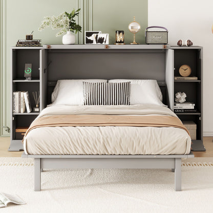 Full Size Murphy Bed With Shelves, Drawers And USB Ports - Gray