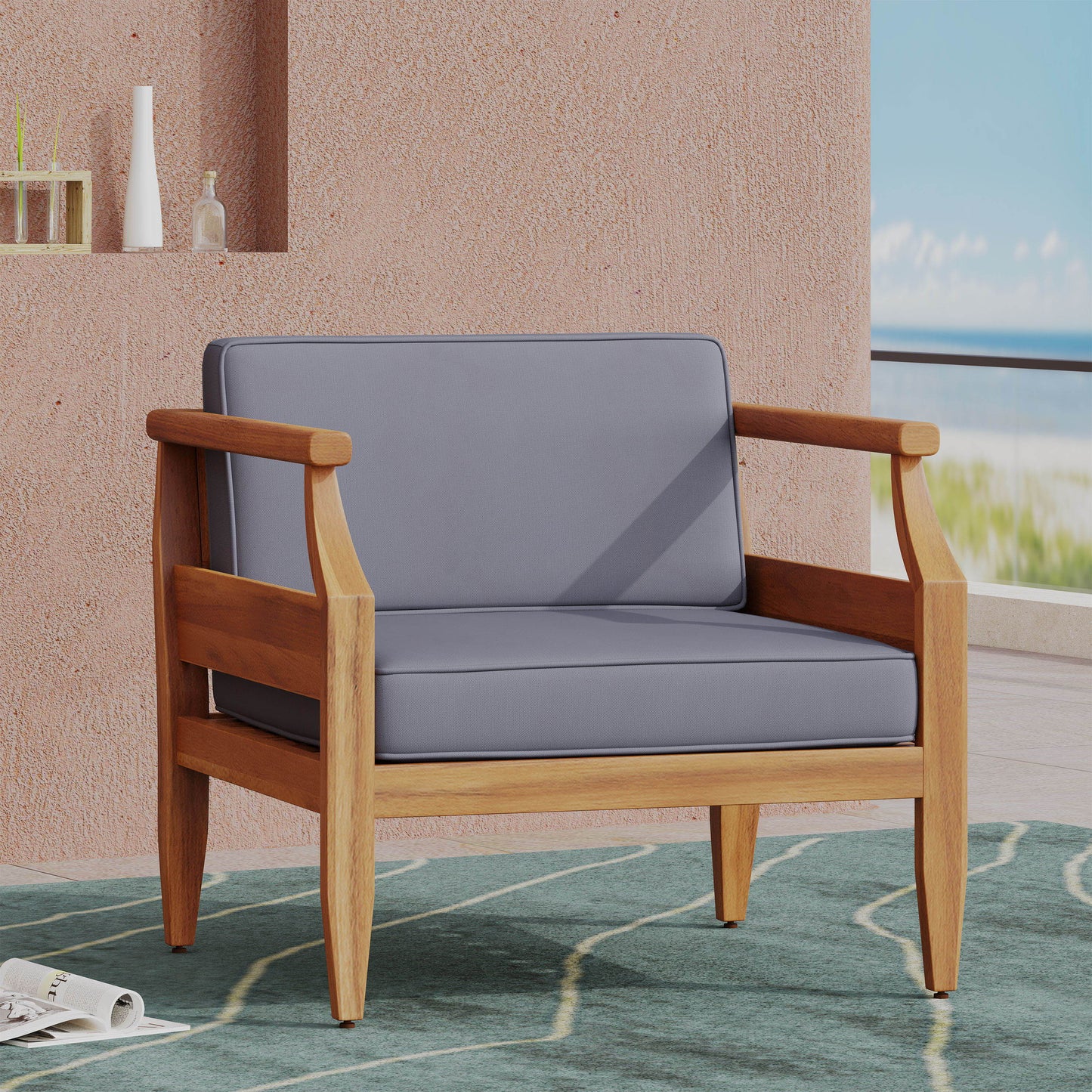 Outdoor Club Chair With Recessed Arms And Cushions - Dark Gray / Teak