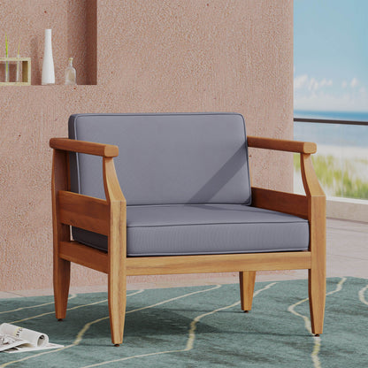 Outdoor Club Chair With Recessed Arms And Cushions - Dark Gray / Teak