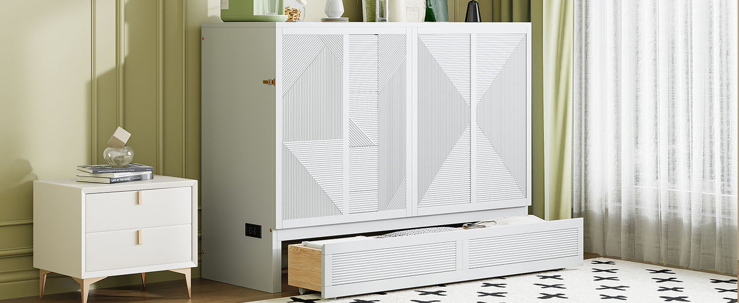 Full Size Murphy Bed With Large Drawer, USB Ports And Outlets - White