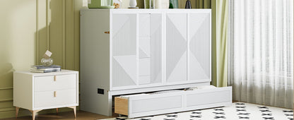 Full Size Murphy Bed With Large Drawer, USB Ports And Outlets - White