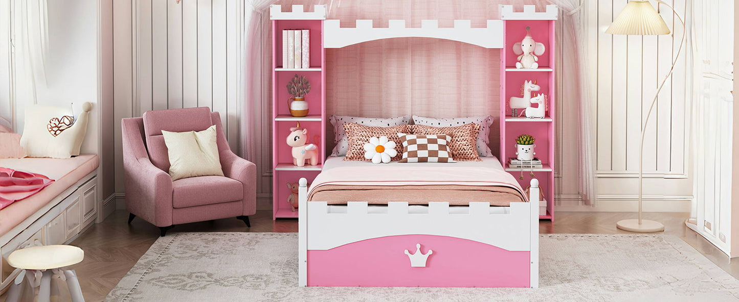 Castle Shaped Bed With Storage Shelf, Dreamy Twin Size Platform Bed For Kids Bedroom - Pink / White