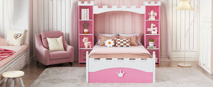 Castle Shaped Bed With Storage Shelf, Dreamy Twin Size Platform Bed For Kids Bedroom - Pink / White