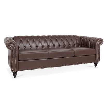 Rolled Arm Chesterfield Three Seater Sofa - Dark Brown