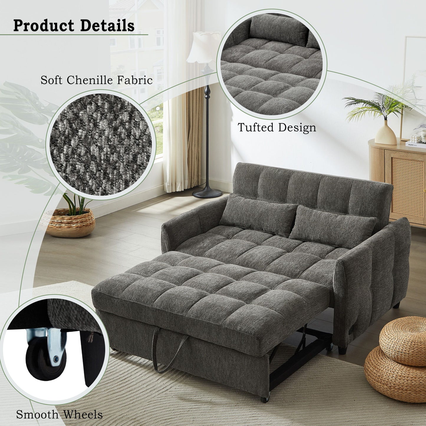 Loveseat Sofa Pull Out Sofa Bed Tufted Sleeper Sofa With An Adjustable Backrest, 3 USB Ports And 2 Lumbar Pillows For Living Room - Gray