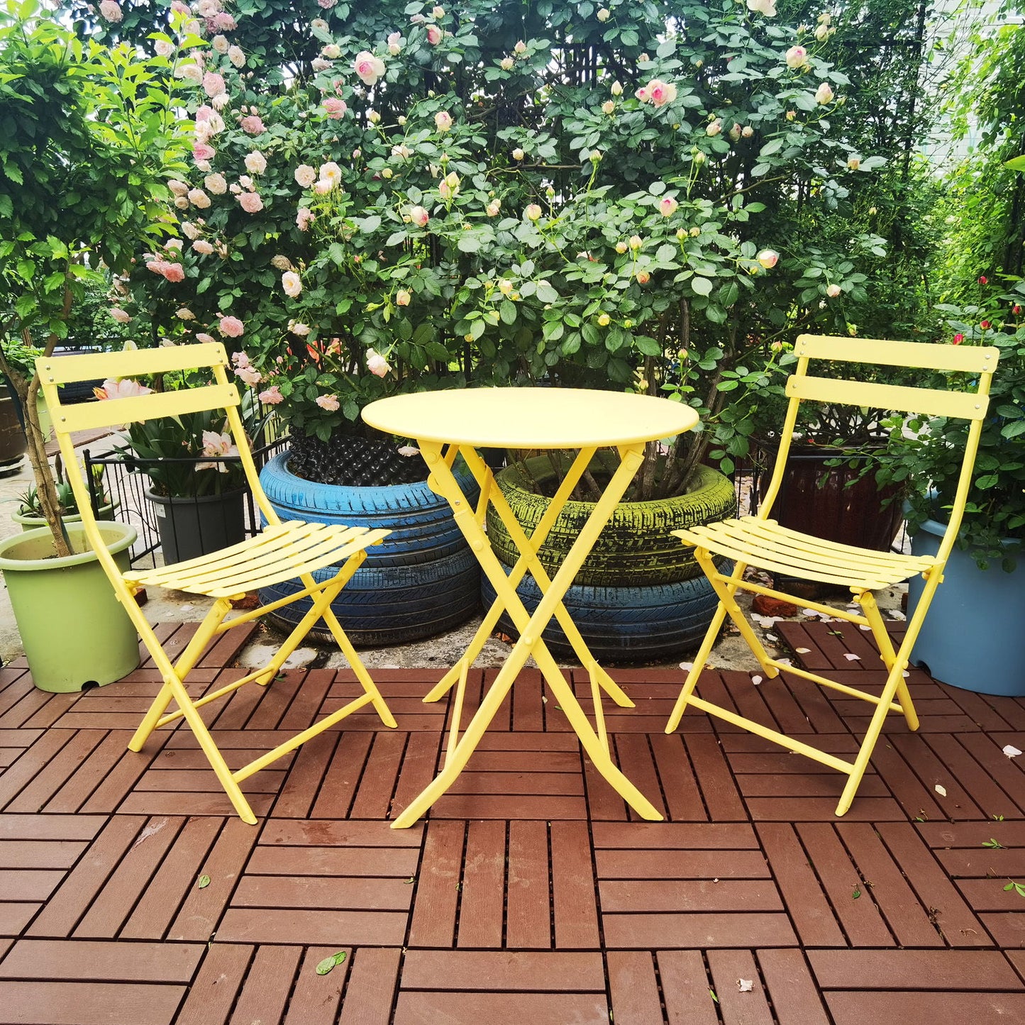 3 Piece Patio Bistro Set Of Foldable Round Table And Chairs - Yellow