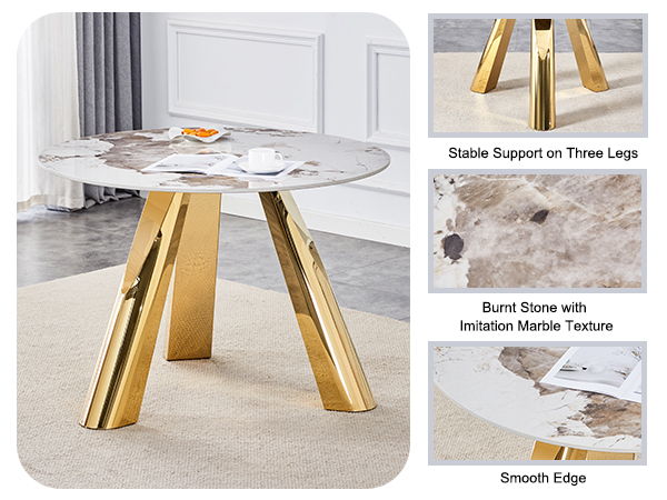Stainless Steel Pattern Burning Stone Round Table Suitable For 2, 4 Or 6 People - Gold / White