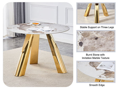 Stainless Steel Pattern Burning Stone Round Table Suitable For 2, 4 Or 6 People - Gold / White