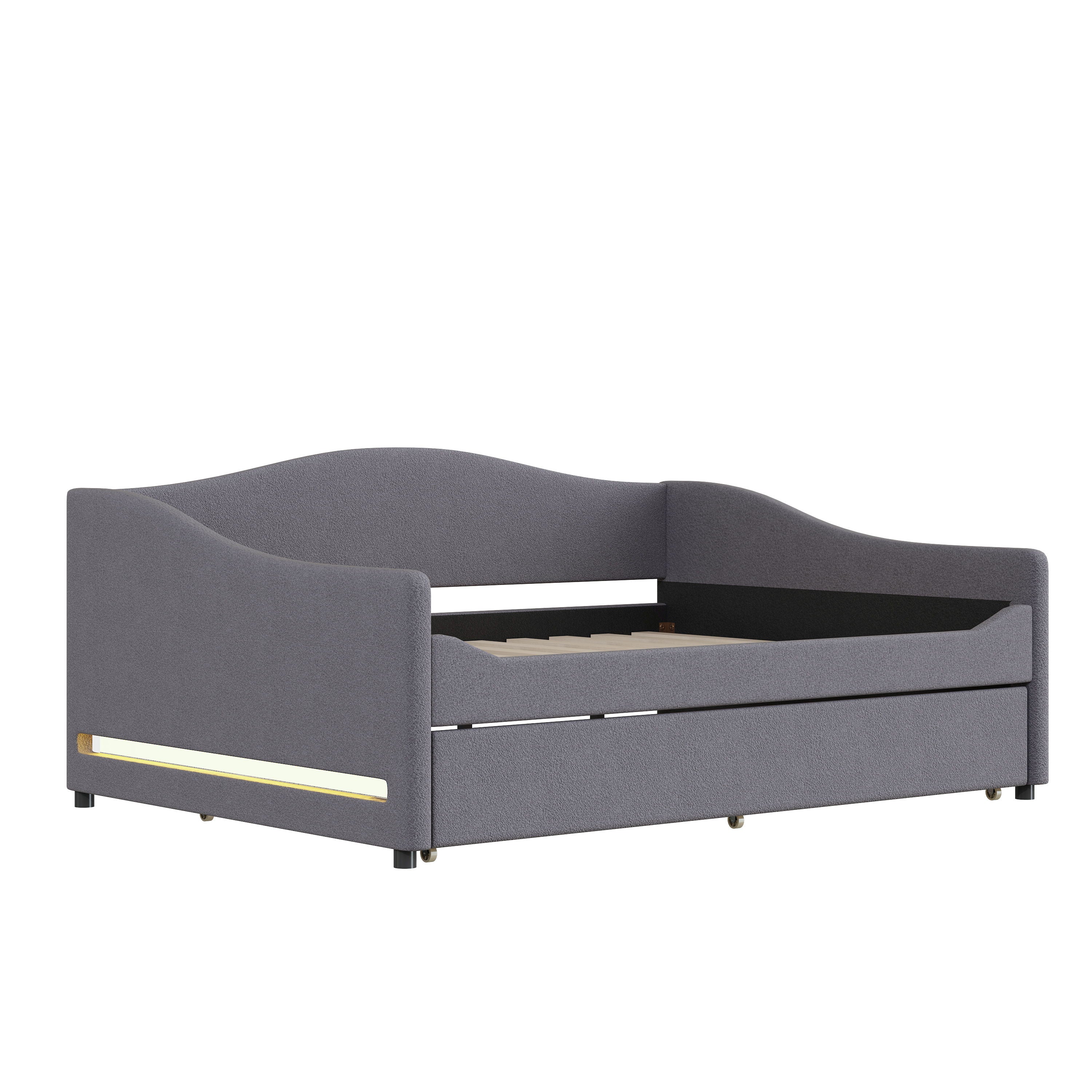 Full Size Upholstered Daybed With Light And Trundle - Gray