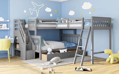 Twin Over Full L Shaped Bunk Bed & 3 Drawers, Ladder And Staircase - Gray