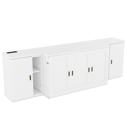 Full Size Murphy Bed With Shelves, Cabinets And USB Ports - White
