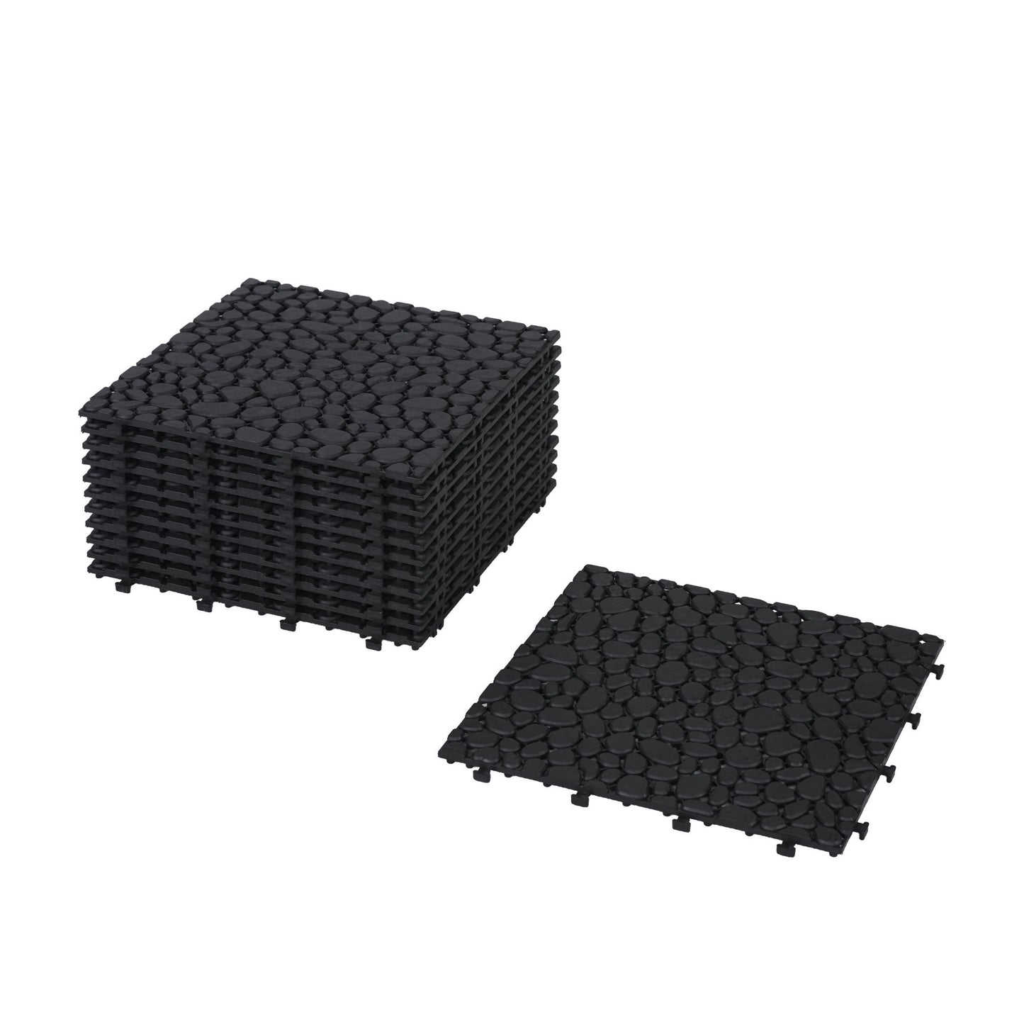 Interlocking Deck Tiles Plastic Waterproof Outdoor All Weather Anti-Slip Bathroom Shower Balcony Porch Strong Weight Capacity Upto 440 Lbs, Pebble Stone Pattern Pack Of 12 - Black