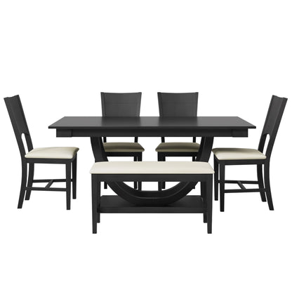 Topmax - 6 Piece Wood Half Round Dining Table Set Kitchen Table Set With Long Bench And 4 Dining Chairs, Modern Style - Gray