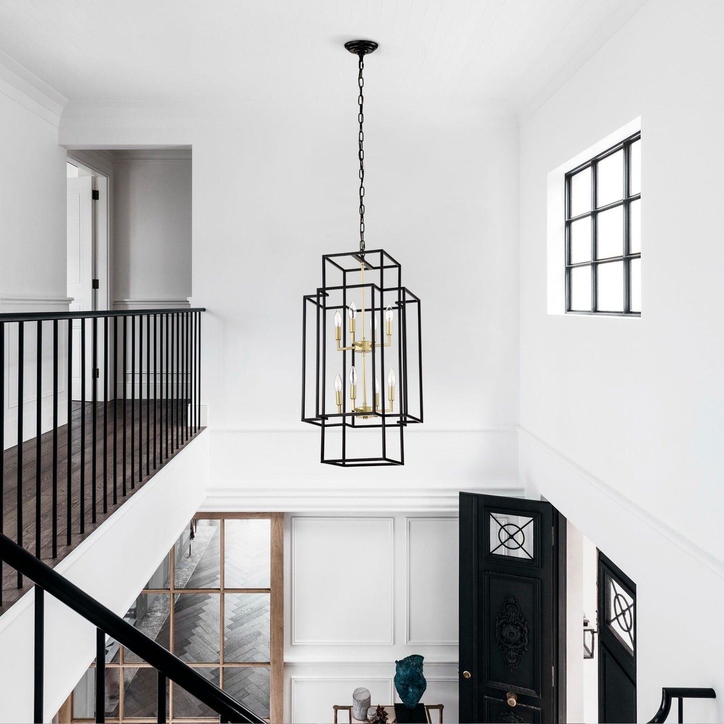8 Light Metal Lantern Tiered Pendant Hanging Light Fixtures, Industrial Farmhouse Adjustable Height Chandeliers For Dining Room Hallway Foyer Entryway (E12 Bulbs Not Included) - Matte Black / Gold