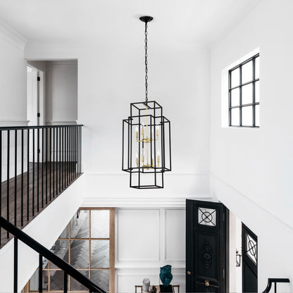 8 Light Metal Lantern Tiered Pendant Hanging Light Fixtures, Industrial Farmhouse Adjustable Height Chandeliers For Dining Room Hallway Foyer Entryway (E12 Bulbs Not Included) - Matte Black / Gold