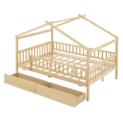 Full Size House Bed With 2 Drawers - Natural