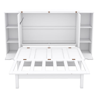 Full Size Murphy Bed With Shelves, Drawers And USB Ports - White