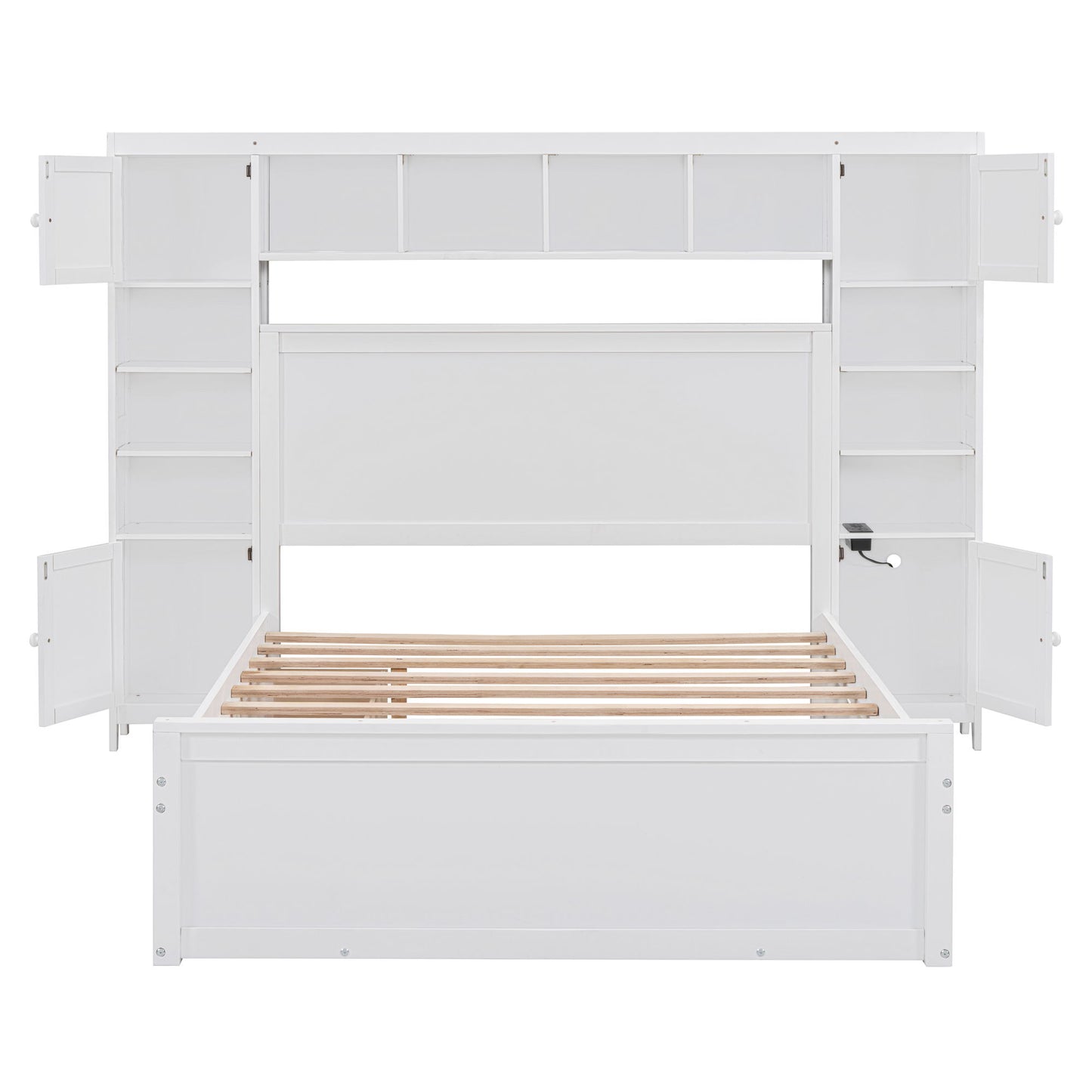 Full Size Bed With All In One Cabinet, Shelf And Sockets, Twin Size Trundle - White