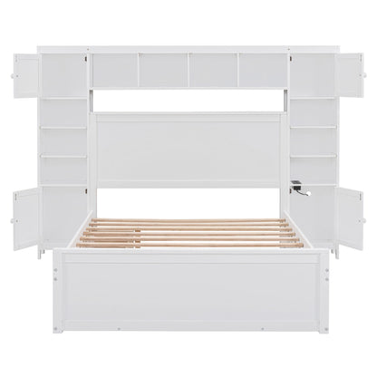 Full Size Bed With All In One Cabinet, Shelf And Sockets, Twin Size Trundle - White