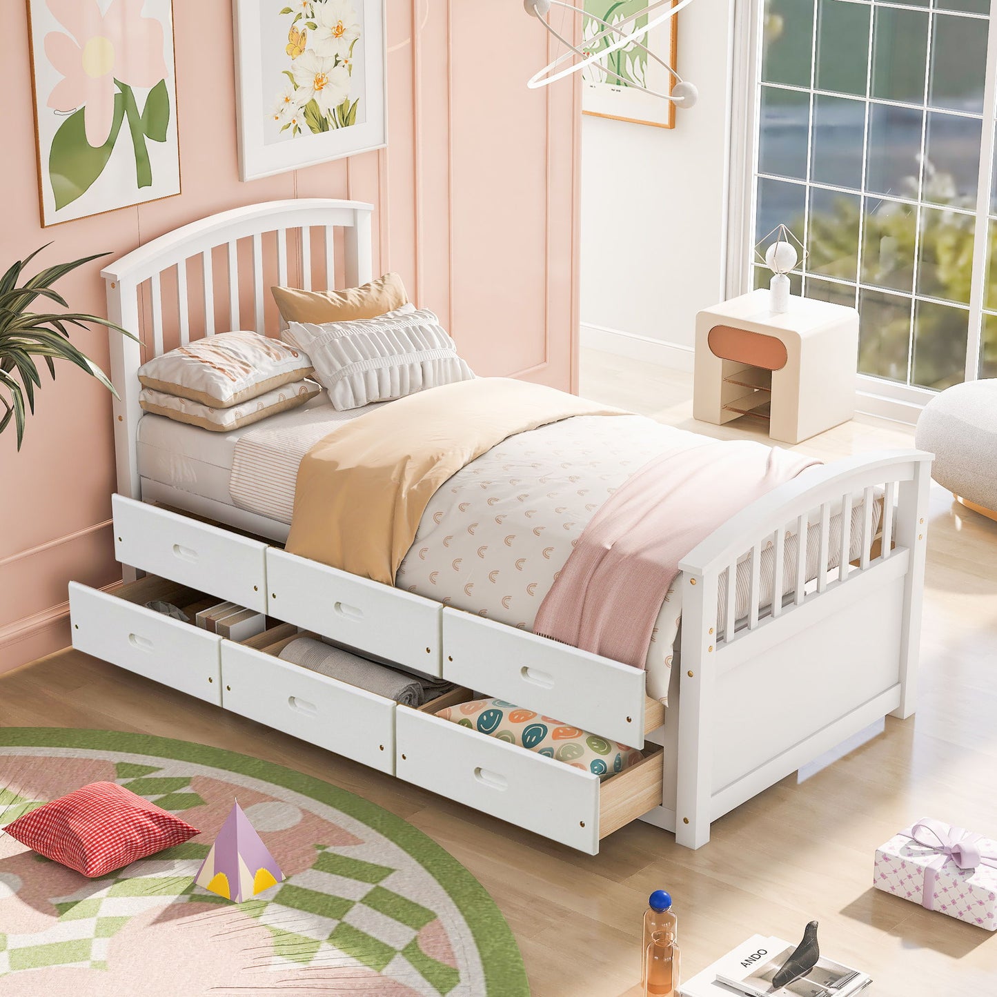 Twin Size Platform Storage Bed Solid Wood Bed With 6 Drawers - White