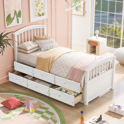 Twin Size Platform Storage Bed Solid Wood Bed With 6 Drawers - White