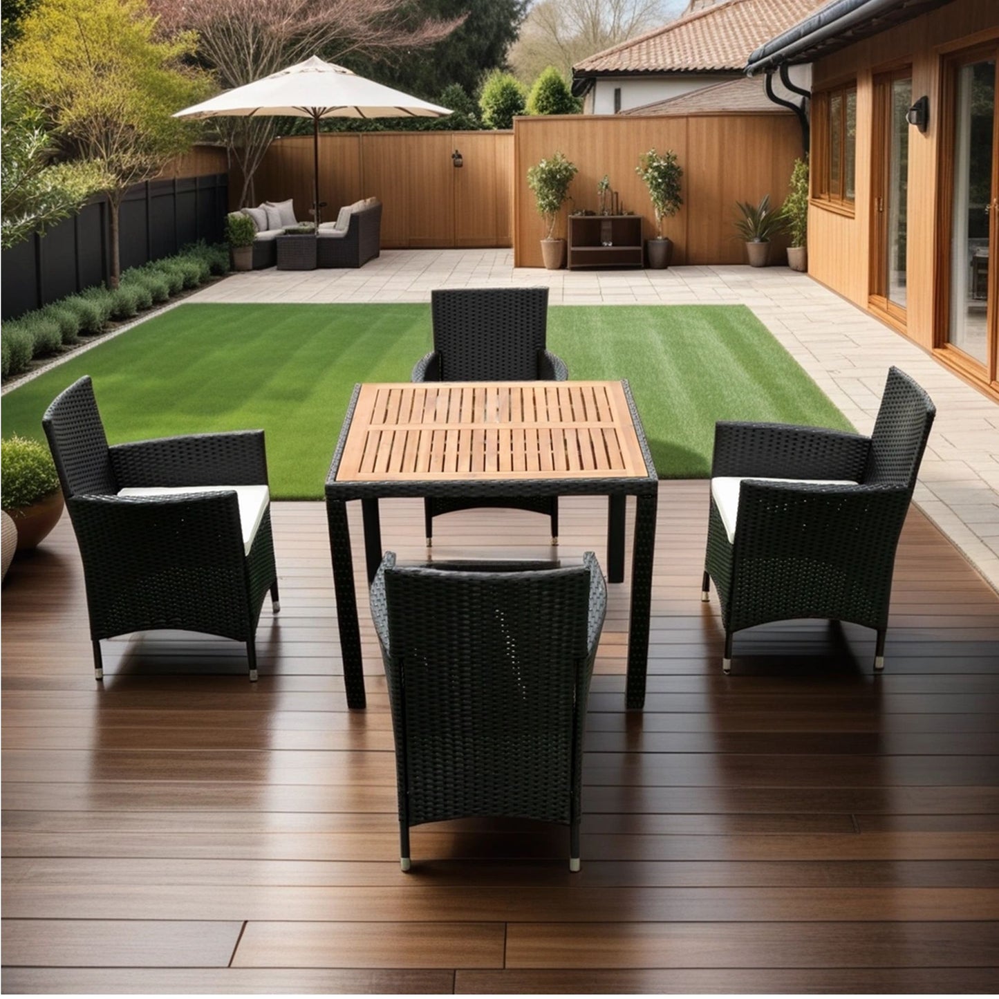 5 Piece Outdoor Patio Wicker Dining Set Patio Wicker Furniture Dining Set With Top - Black / Creme