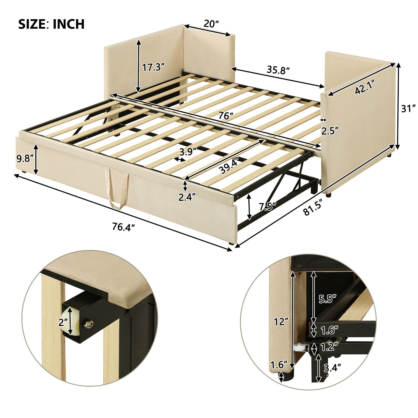 Twin Size Upholstered Daybed With Pop Up Trundle - Beige