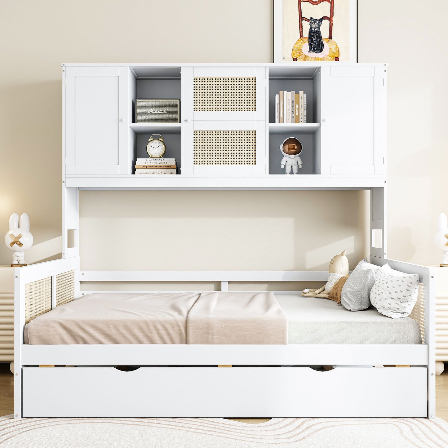 Full Size Wooden Daybed & Twin Size Trundle, And All In One Cabinet And Shelf - White