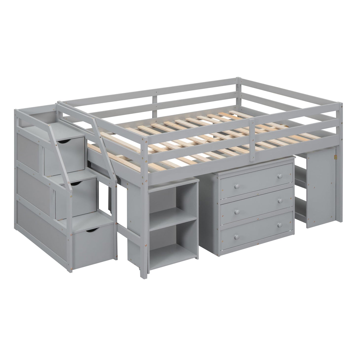 Full Size Loft Bed With Retractable Writing Desk And 3 Drawers With Storage Stairs And Shelves - Gray