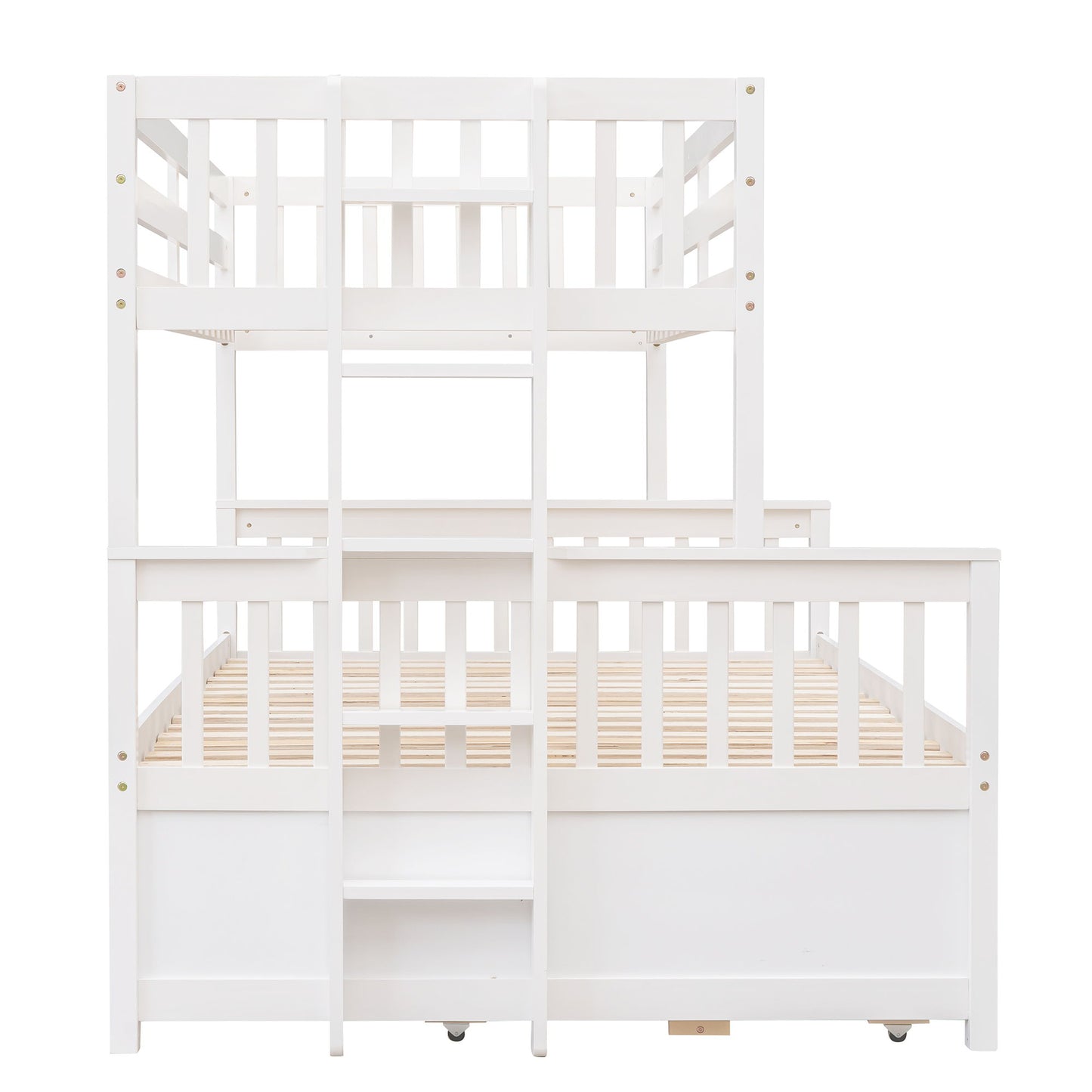Twin Over Full Bunk Bed With Twin Size Trundle, With Drawers For Bedroom - White