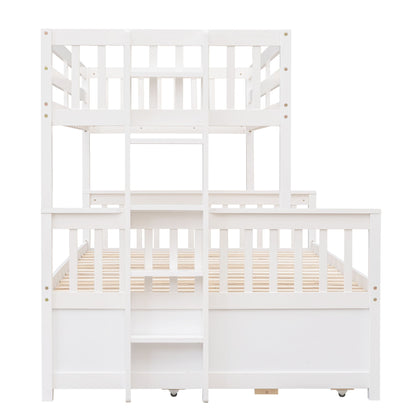 Twin Over Full Bunk Bed With Twin Size Trundle, With Drawers For Bedroom - White