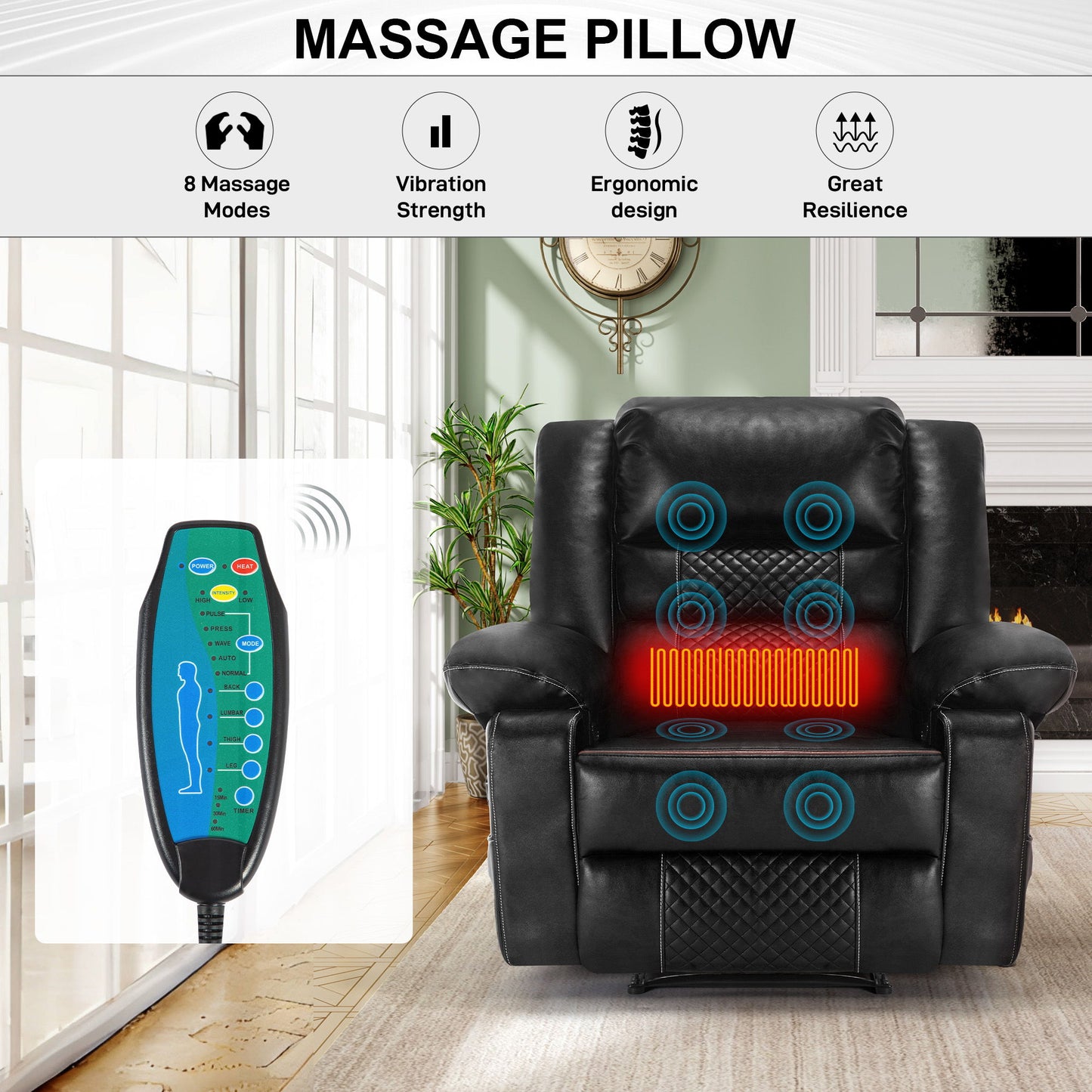 Breathable Leather Massage Recliner Chair Manual Living Room Reclining Sofa - Black
