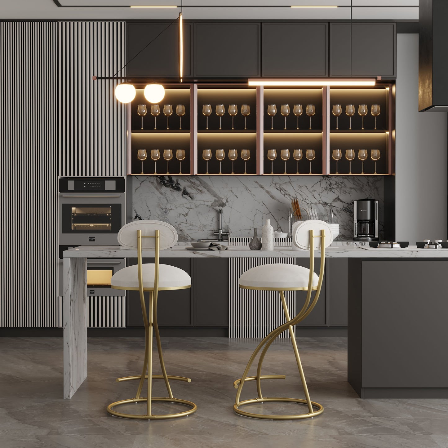 Round Bar Stool Armless Velvet Barstools With Back (Set of 2) Upholstered Counter Chair For Dining Room, Kitchen Island - Gold / Creamy White