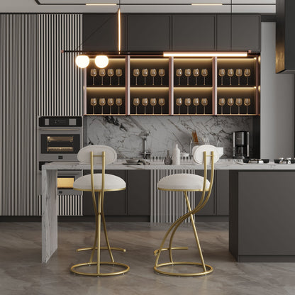 Round Bar Stool Armless Velvet Barstools With Back (Set of 2) Upholstered Counter Chair For Dining Room, Kitchen Island - Gold / Creamy White