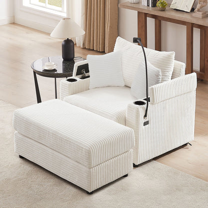 Modern Style Single Sofa Sofa Couch With Storage Space, A Movable Ottoman, Two USB Ports, Two Cup Holders, A Phone Holder For Living Room - Beige