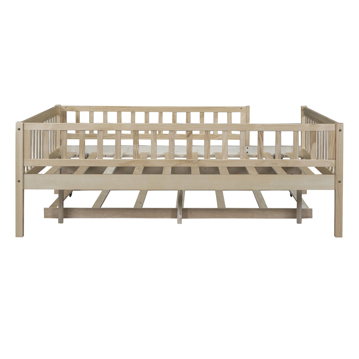 Full Size Daybed With Trundle And Fence Guardrails - Natural