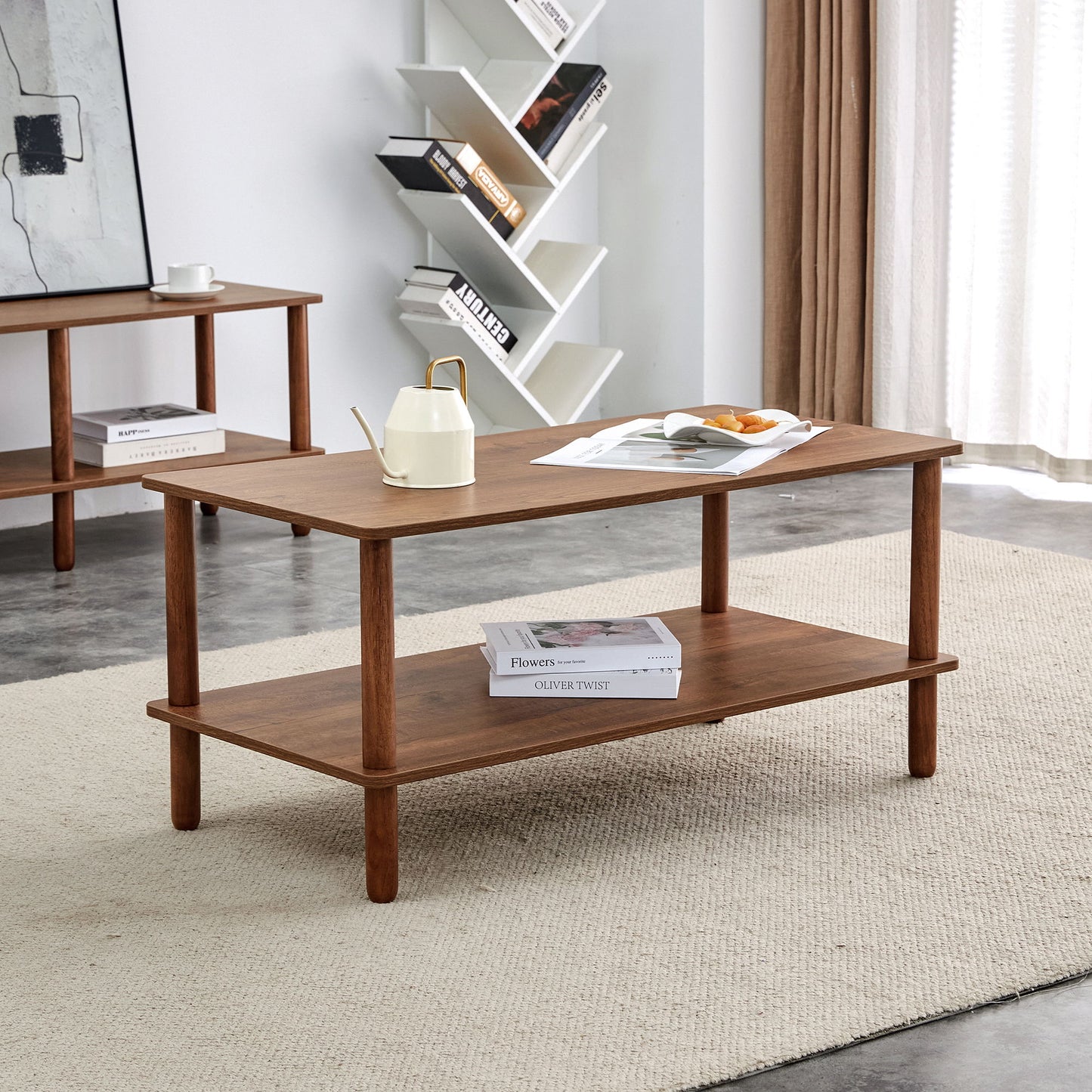 Modern 2 Tier Coffee Table For Living Room Furniture, Rectangular Center Table With Open Storage Shelf, Rounded Rubberwood Legs - Walnut Brown