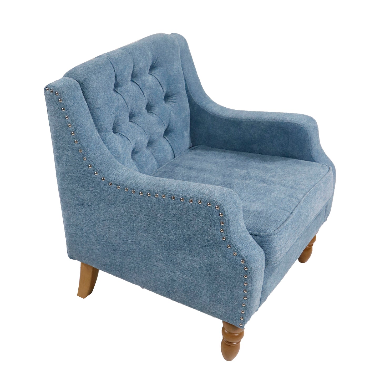 Accent Chair, Living Room Chair, Footrest Chair Set With Vintage Brass Studs, Button Tufted Upholstered Armchair For Living Room, Comfy Reading Chair For Bedroom, Reception Room - Blue