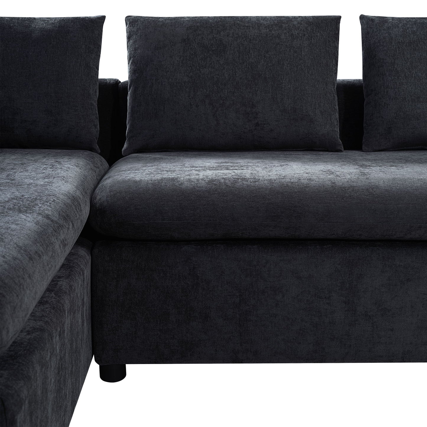 Modern L Shaped Sectional Sofa With Chenille Upholstery And Wooden Storage - Black
