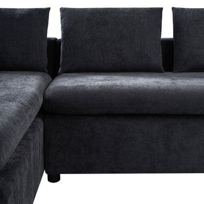 Modern L Shaped Sectional Sofa With Chenille Upholstery And Wooden Storage - Black