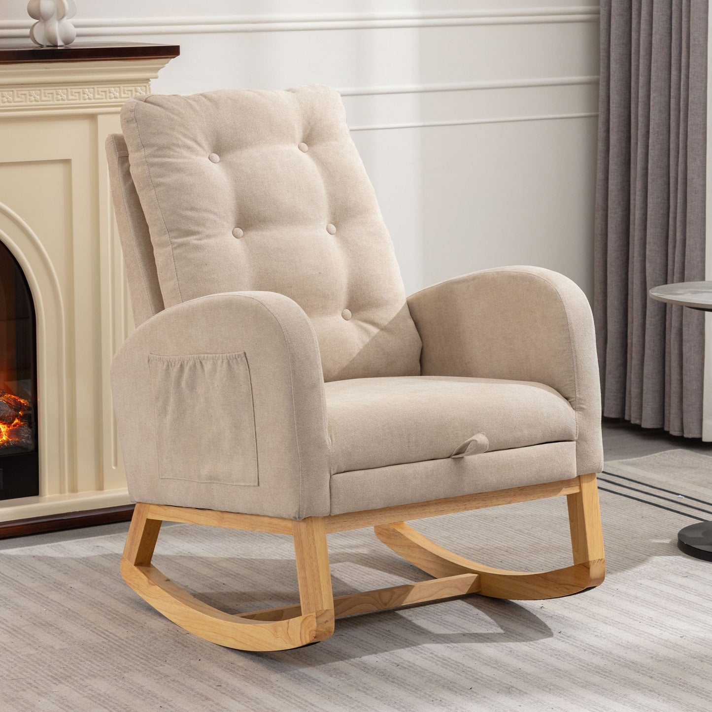 Accent Rocking Chair With Footrest High Back Rubber Wood Rocking Legs Bedroom Living Space - Beige