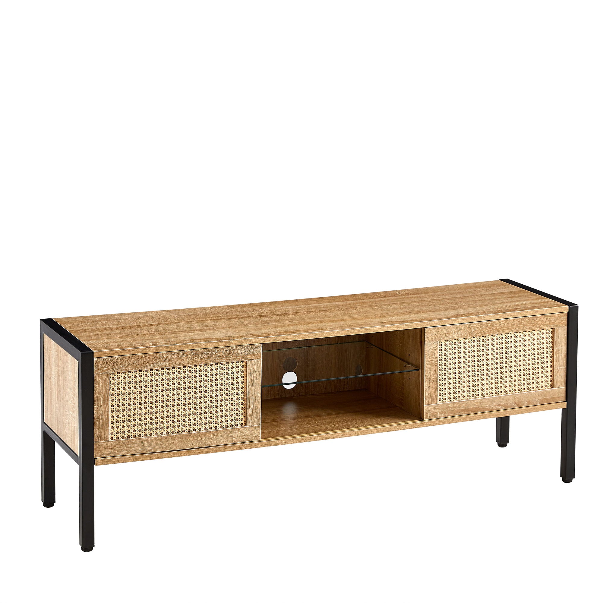 Rattan TV Cabinet With Variable Color Light Strip, Double Sliding Doors For Storage, Adjustable Shelf, Metal Legs, TV Console For Living Room - Natural