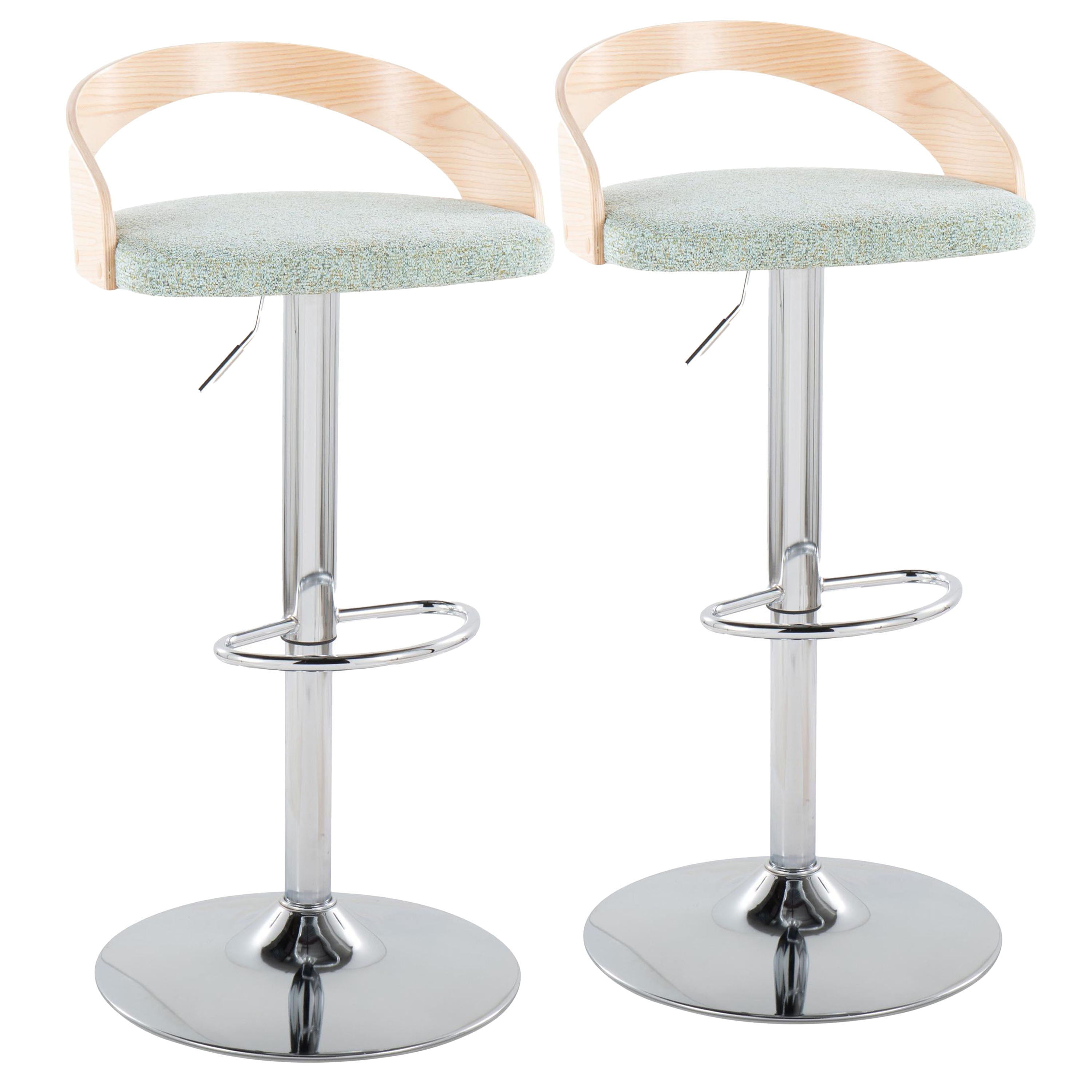 Grotto - Mid-Century Modern Adjustable Height Barstool With Swivel With Oval Footrest (Set of 2) - Chrome / Natural / Light Green