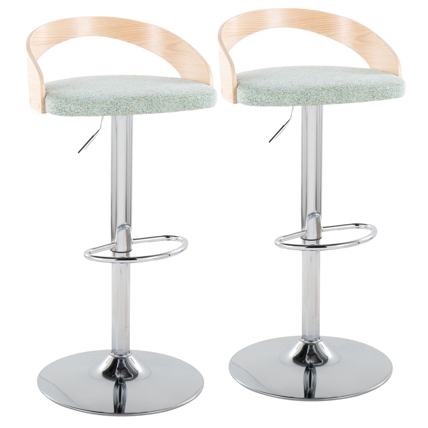 Grotto - Mid-Century Modern Adjustable Height Barstool With Swivel With Oval Footrest (Set of 2) - Chrome / Natural / Light Green