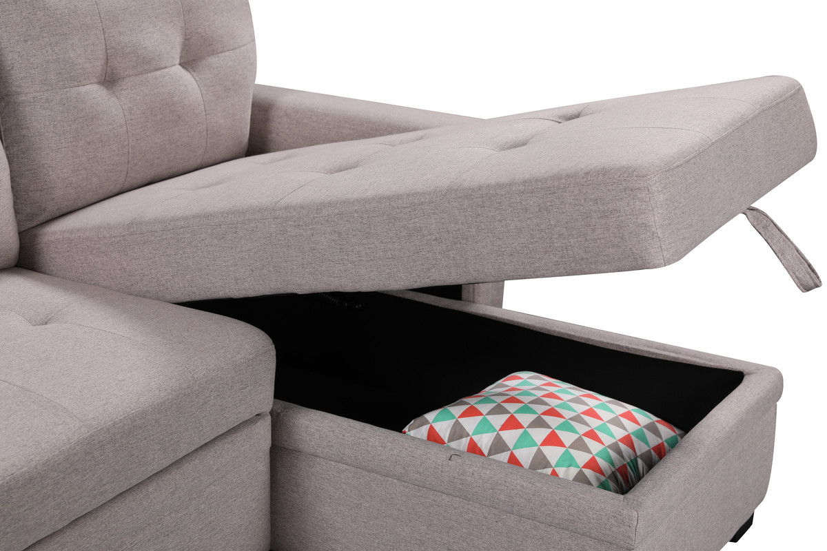 Nathan - Reversible Sleeper Sectional Sofa With Storage Chaise, USB Charging Ports And Pocket - Light Gray