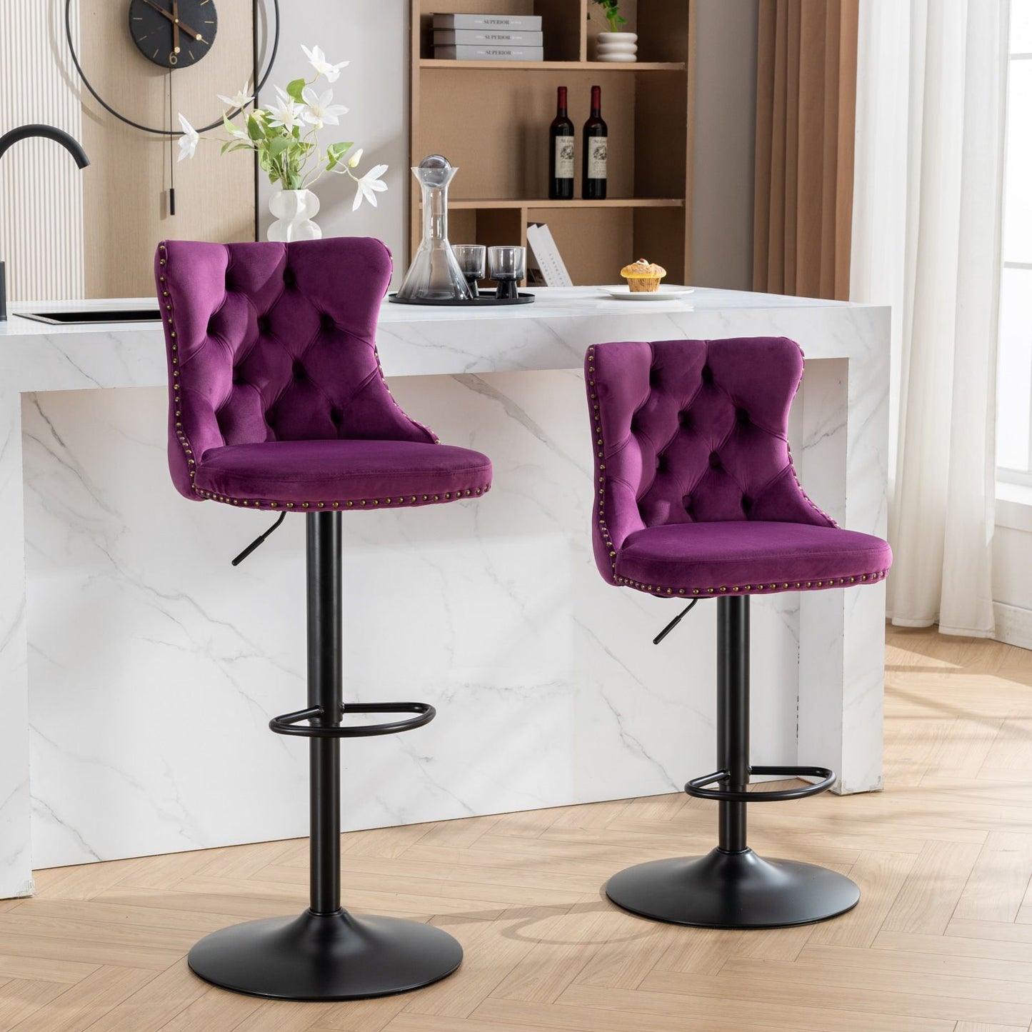 Swivel Velvet Barstools Adjusatble Seat Height , Modern Upholstered Bar Stools With Backs Comfortable Tufted For Home Pub And Kitchen Island (Set of 2) - Purple