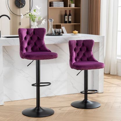 Swivel Velvet Barstools Adjusatble Seat Height , Modern Upholstered Bar Stools With Backs Comfortable Tufted For Home Pub And Kitchen Island (Set of 2) - Purple