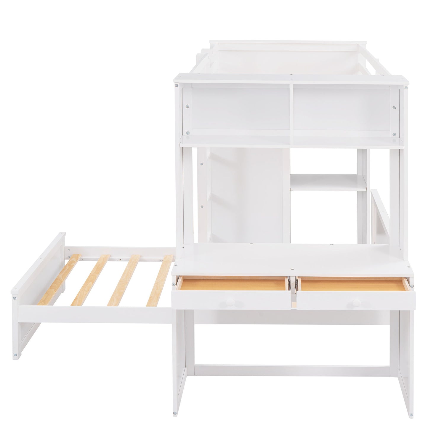 Twin Size Loft Bed With A Stand Alone Bed, Shelves, Desk, And Wardrobe - White