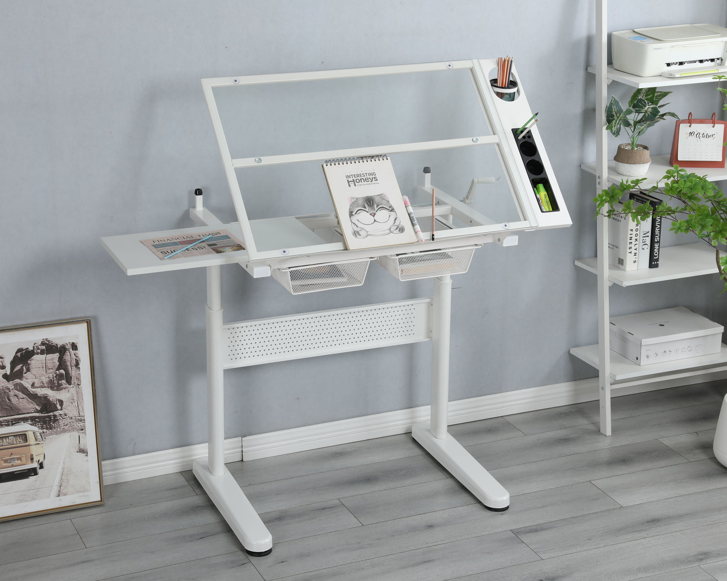 38.18" Hand Crank Adjustable Drafting Table Drawing Desk With 2 Metal Drawers With Stool - White