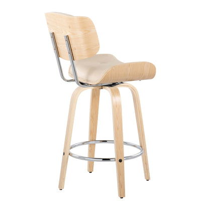Lombardi - Mid-Century Modern Fixed Height Counter Stool With Swivel With Round Footrest (Set of 2) - Natural / Cream